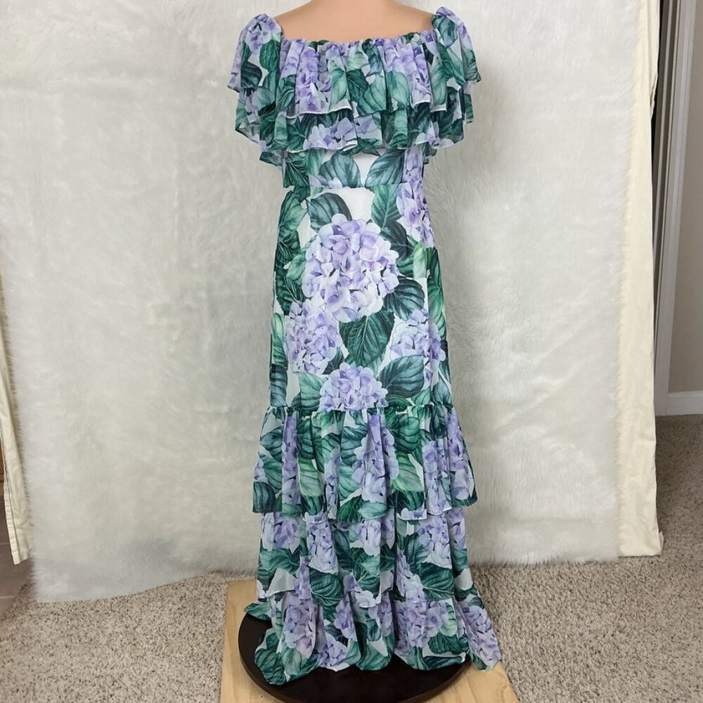 Alexia Admor Hydrangea Purple Green White Floral Ruffle Tiered Maxi Dress NWT 10
